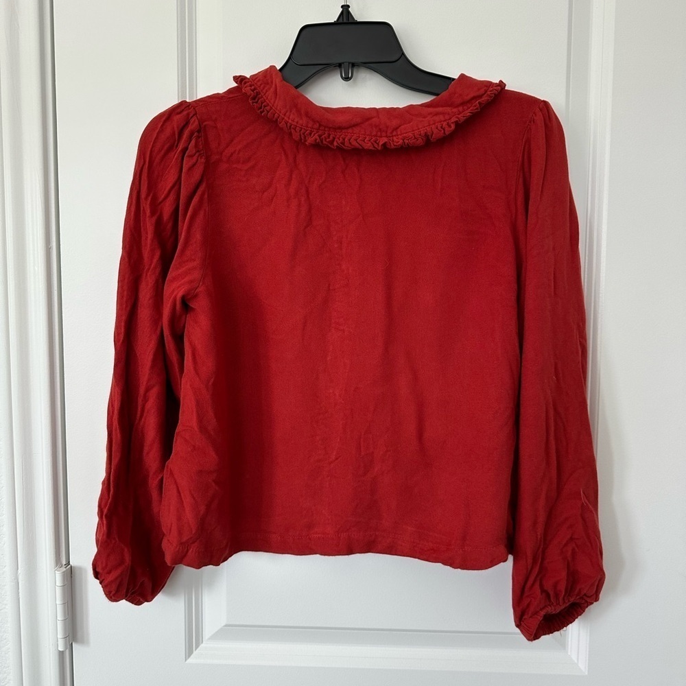 Copper Key Rise Orange Ruffle Collar Botton Down Cropped Longsleeve Blouse - Picture 3 of 4